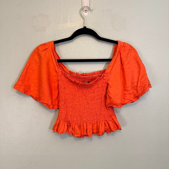 Lulus Cropped Top Womens S Orange Off Shoulder Wide Sleeves Smocked Linen Blend - Picture 2 of 7